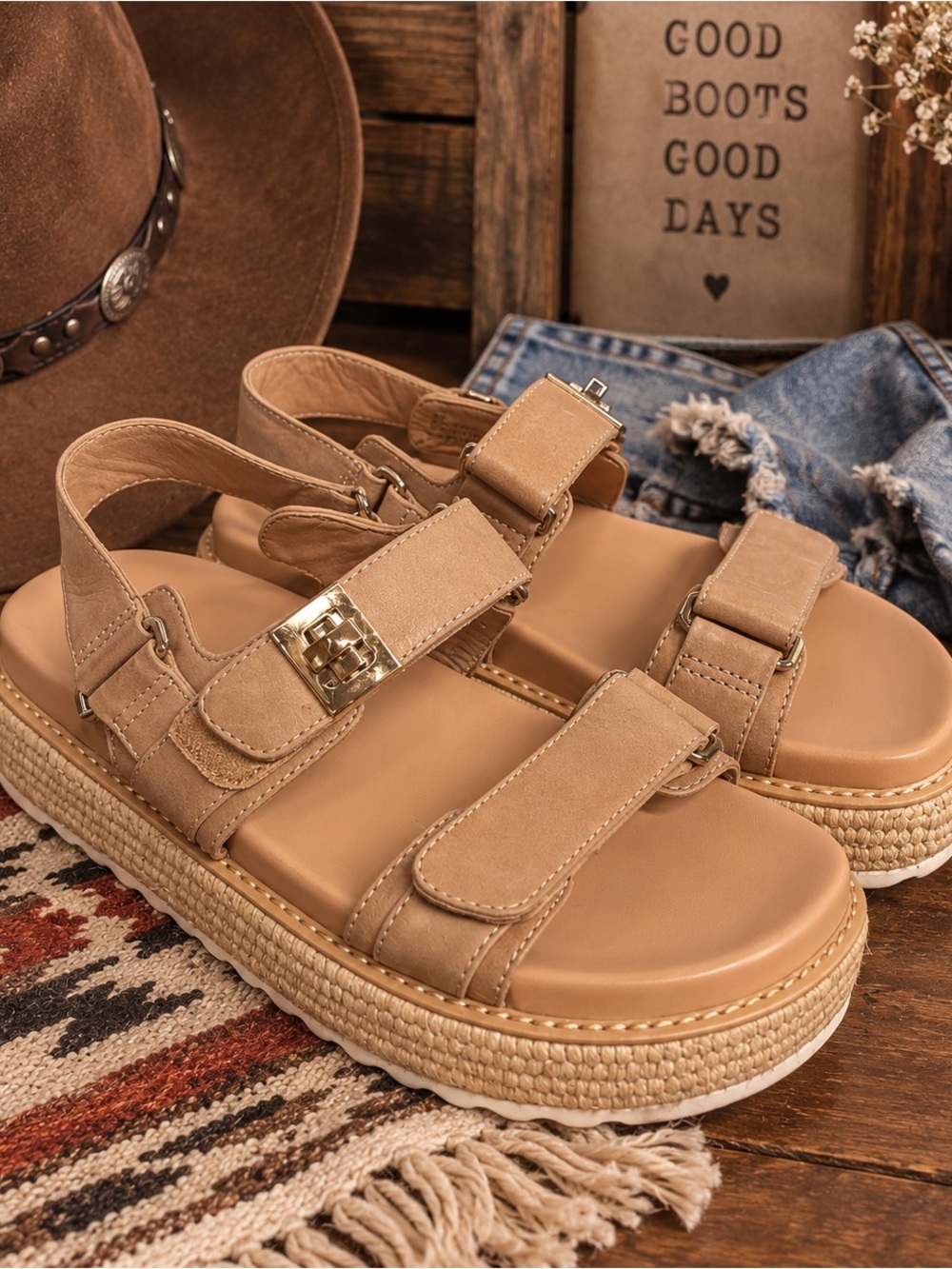 Steve Madden Tan Platform Velcro Sandals with Silver Buckle